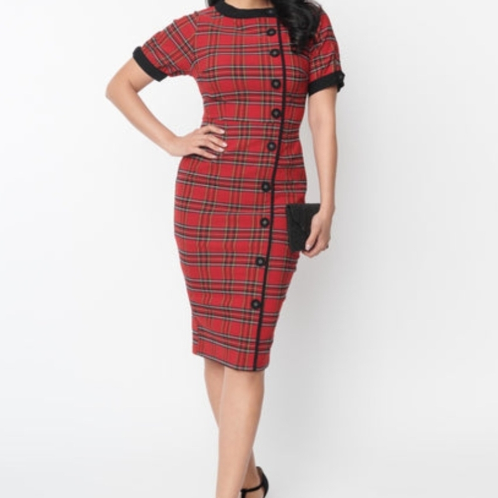 Unique Vintage NWOT Red Plaid Mad Men 50s Faux Button-Up Retro Dress Sz 1X/16